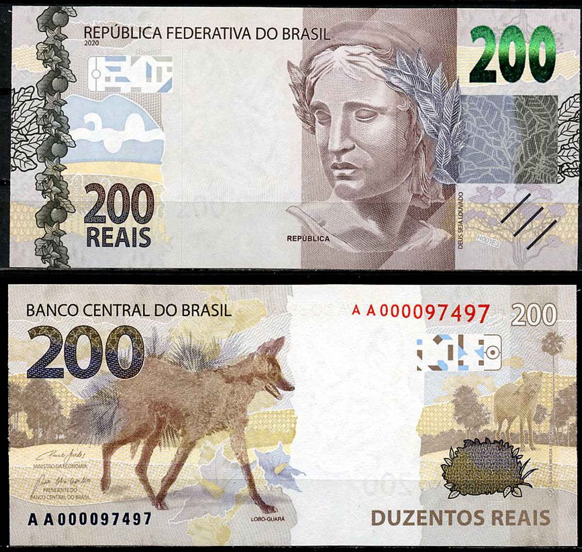 Бразилия 200 реалов 2020 голова Республики, гривистый волк Pick 258  бумага  UNC (пресс) 451-440-3