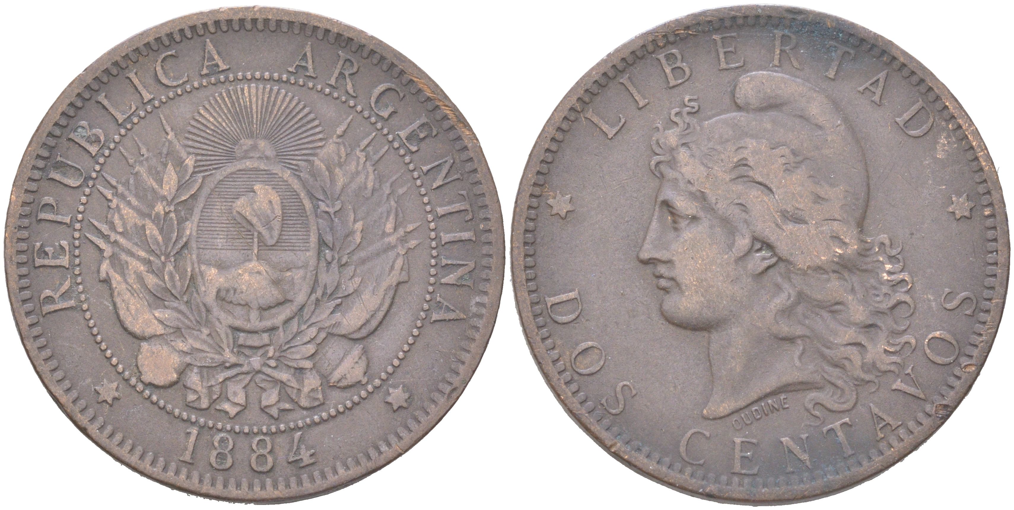 Аргентина 2 сентаво 1884 KM 33 бронза 4394-126