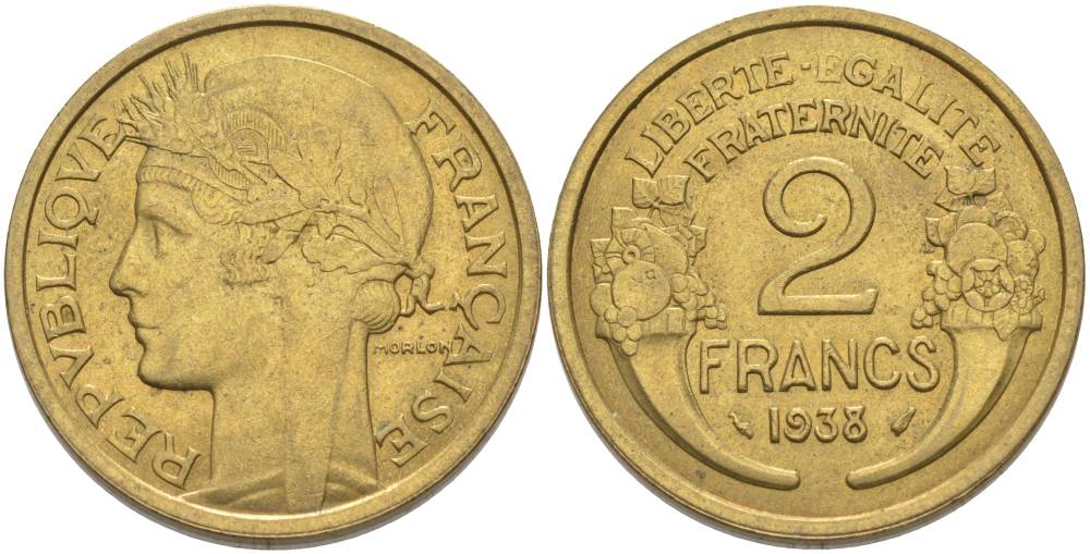 ФРАНЦИЯ 2 ФРАНКА 1938 ТИП MORLON KM 886, LE FRANC 268.11 алюминиевая бронза 3855-123