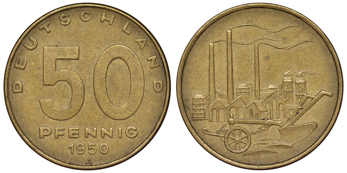 ГДР 50 пфеннигов 1950 KM 4 алюминиевая бронза 4119-934
