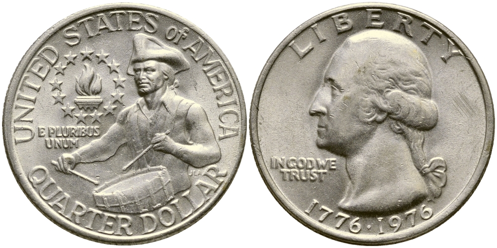 США 25 центов = квотер 1976 200 лет независимости (1776-1976), Вашингтон, барабанщик KM 204 медь плакированная медно-никелем 4388-322
