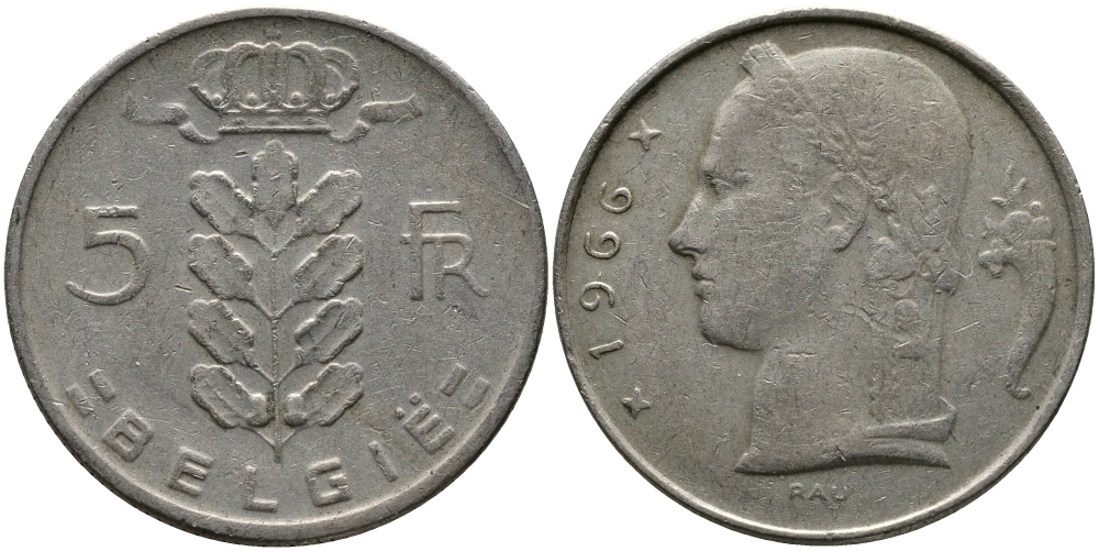 БЕЛЬГИЯ 5 ФРАНКОВ 1966 BELGIE KM 135.1 медно-никель 98-545