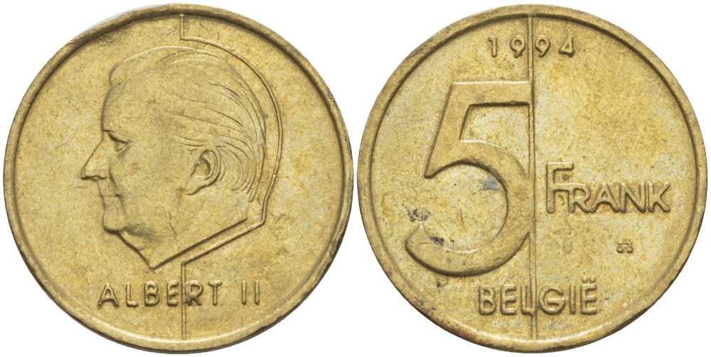 БЕЛЬГИЯ 5 ФРАНКОВ 1994 BELGIE, АЛЬБЕРТ II (1993-) KM 190 алюминиевая бронза 4379-1145