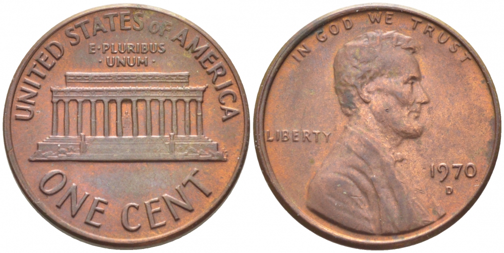 США 1 ЦЕНТ 1970 D, ЛИНКОЛЬН KM 201 медь цинк 105-1054