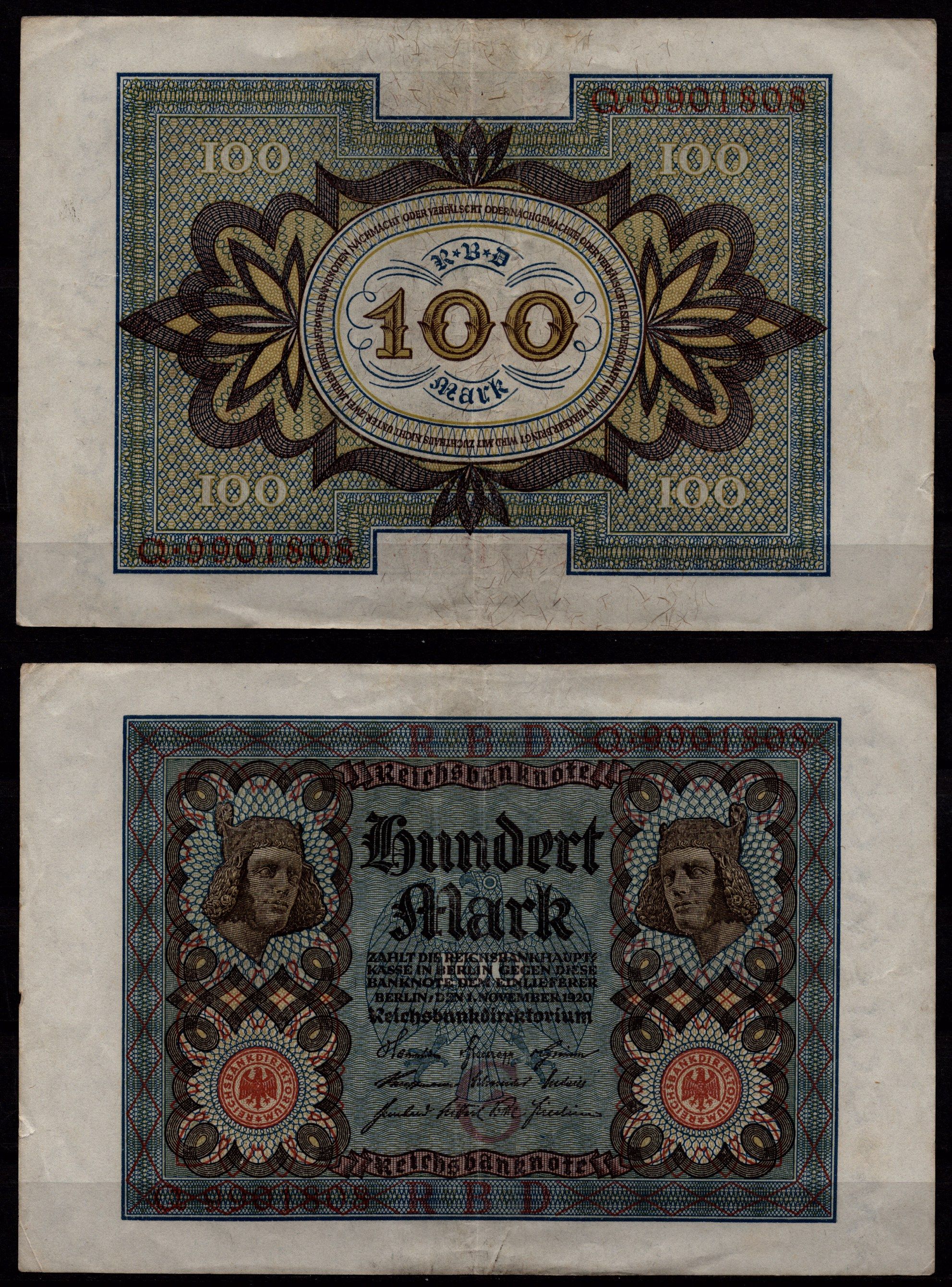 Германия 100 марок 1920 «Бамбергский всадник» (Bamberger Reiter) из оперы «Купол Бамберга» Pick 69 a бумага 7547-28-2-2