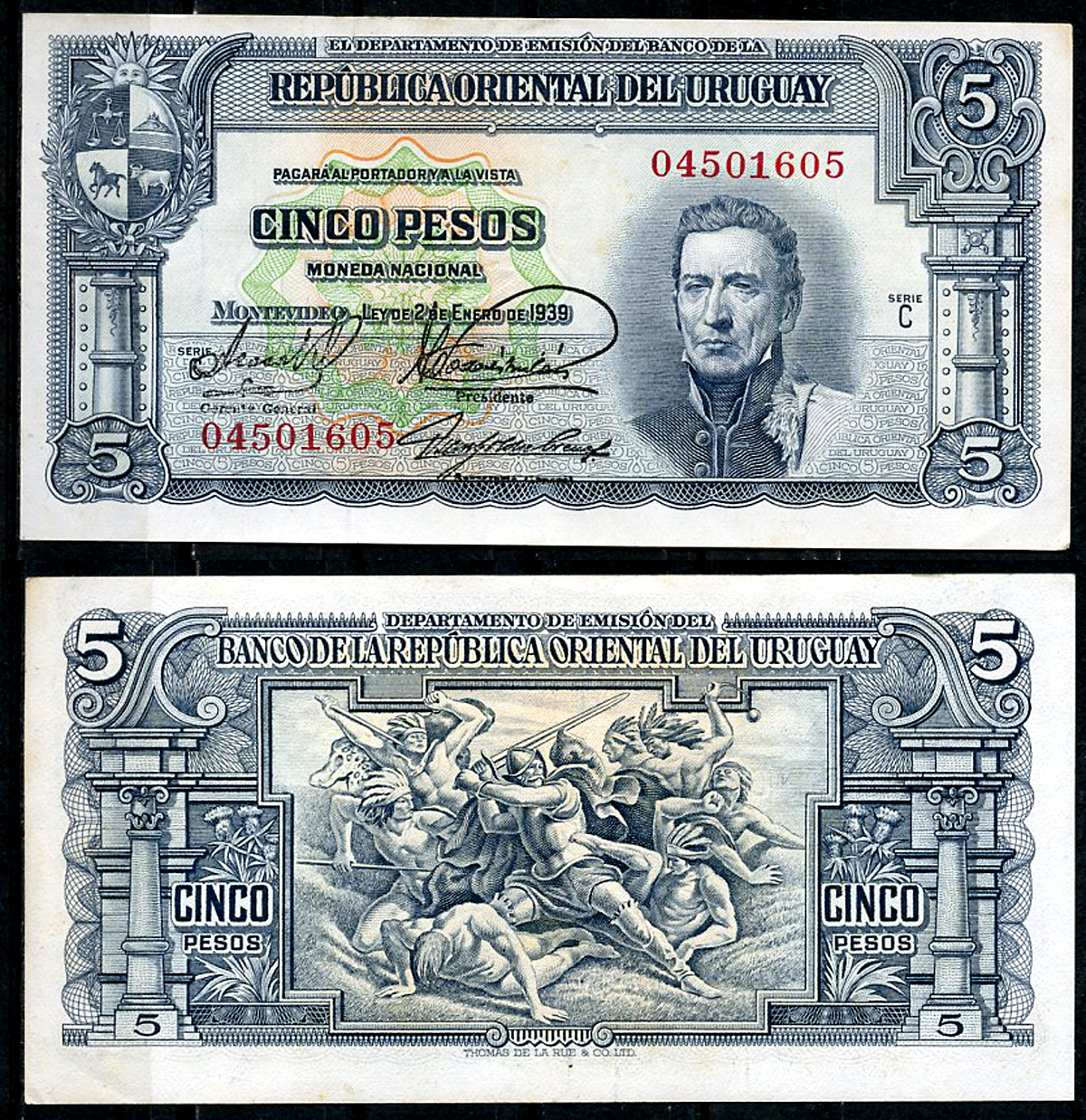 Уругвай 5 песо 1939 Хосе Хервасио Артигас, конкистадор, сражающийся с индейцами, серия С Pick 36 b (1)  бумага 444-131-1-2