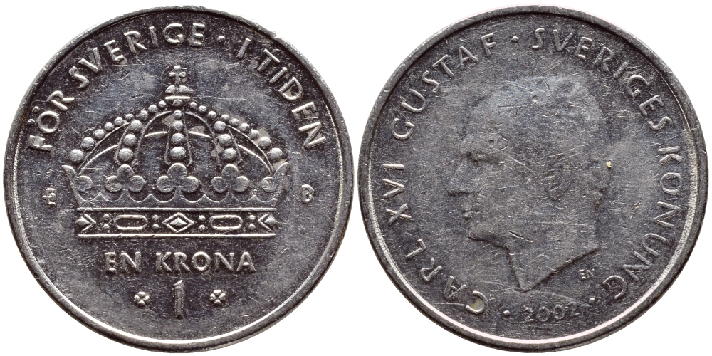 Швеция 1 крона 2002 Карл XVI Густав (1973- ) KM 894 медно-никель 4364-1232