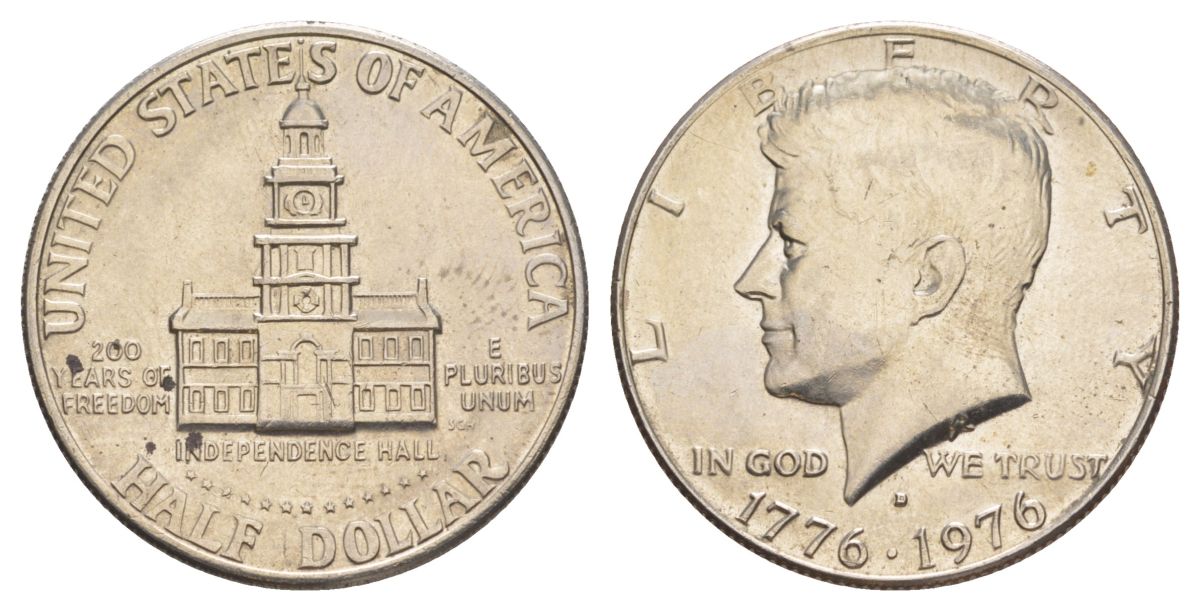 США 1/2 доллара (50 центов) 1976 D, 200 лет независимости, Джон Кеннеди KM 205 медь плакированная медно-никелем aUNC 4545-1115