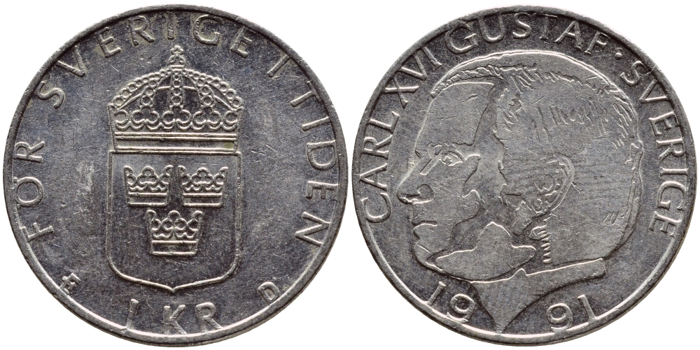 Швеция 1 крона 1991 Карл XVI Густав (1973- ) KM 852a медно-никель 4384-132