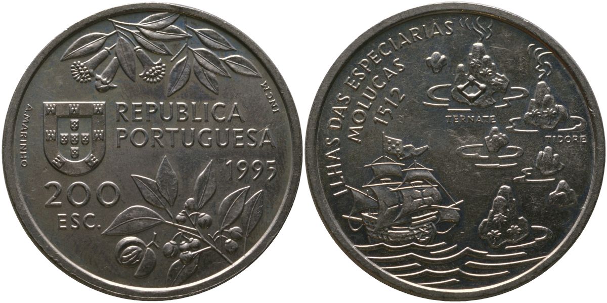 Португалия 200 эскудо 1995 INCM, Путешествие на Молуккские острова в 1512 году KM 682 медно-никель aUNC 00-00