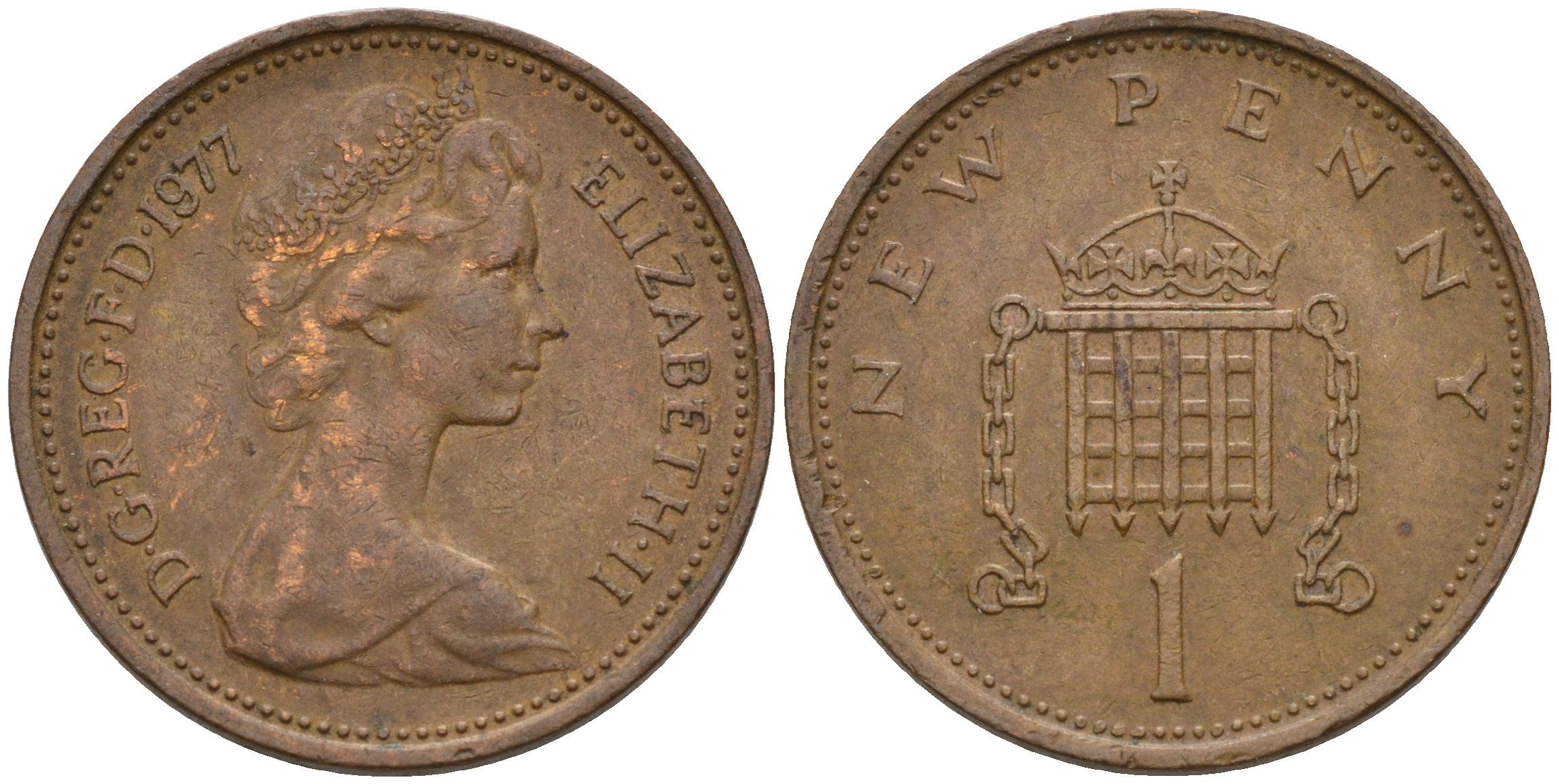 Великобритания 1 пенни 1977 Елизавета II (1952-2022) KM 915, Spink 4237 (B1) бронза    4602-547