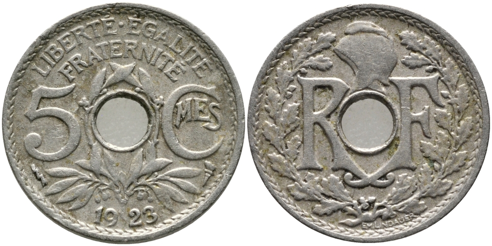 ФРАНЦИЯ 5 САНТИМОВ 1923 tb, ТИП ЛИНДАЙЁ, МОНЕТНЫЙ ДВОР ПУАССИ, МОЛНИЯ KM 875, LE FRANC 122.7 медно-никель 08-1461