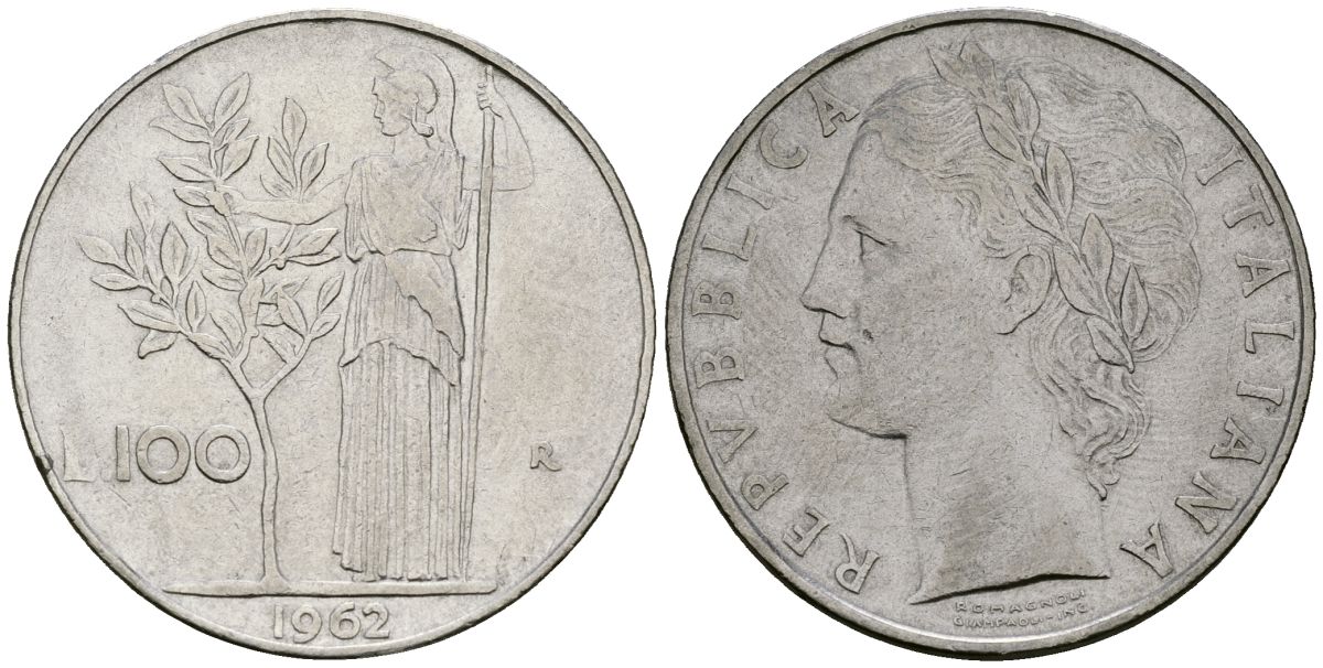 Италия 100 лир 1962 R, Афина у оливкого дерева KM 96.1 нержавеющая сталь 4137-224