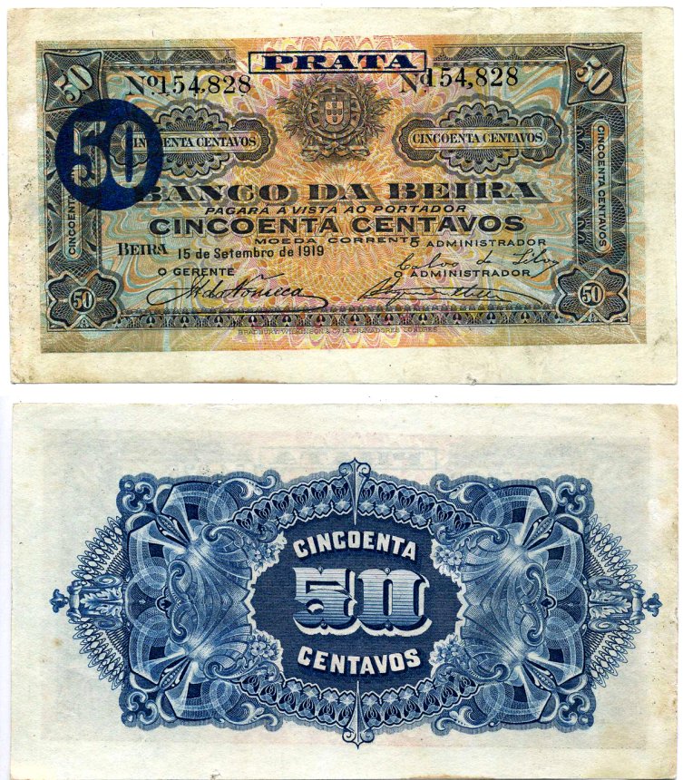Мозамбик, Португальский 50 сентаво 1919 15 сентября 1919, БАНК BEIRA Pick R4a бумага XF+ 7457-31-1-2