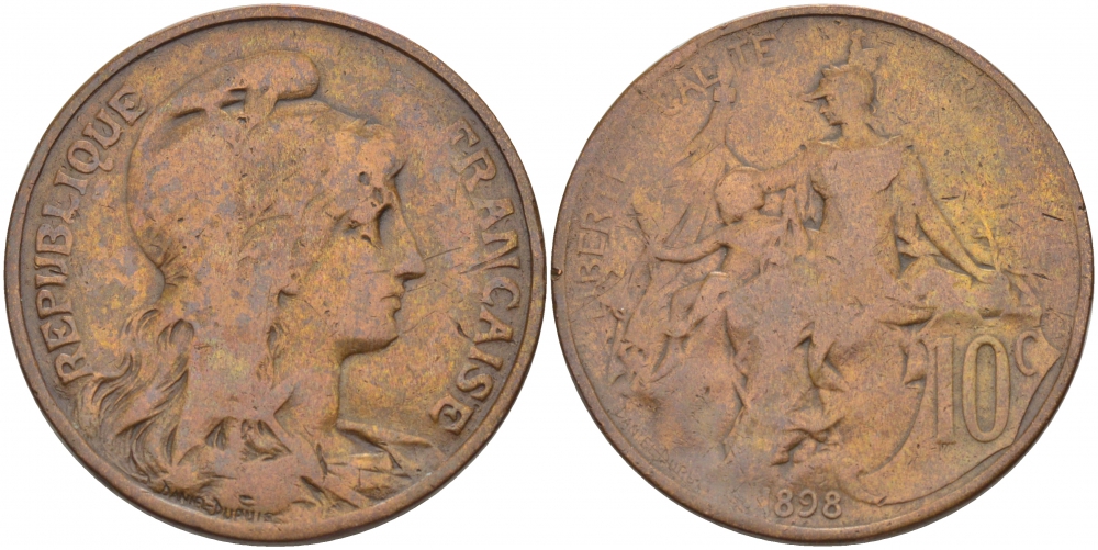 ФРАНЦИЯ 10 САНТИМОВ 1898 ДАНИЭЛЬ ДЮПЮИ KM 843, LA FRANC 136.6 бронза 3457-541