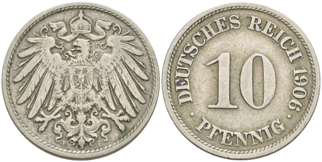 ГЕРМАНИЯ 10 ПФЕННИГОВ 1906 F KM 12, Jager 13, Weege 8 медно-никель 219-125
