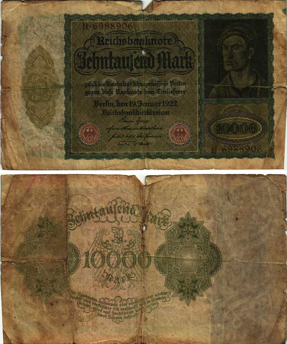 Германия 10000 марок 1922 19 января 1922, Альбрехт Дюрер, без 10000 справа Pick 71  бумага 8610-35-1