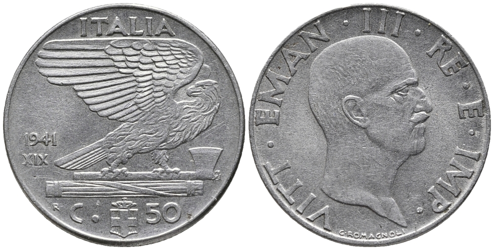 ИТАЛИЯ 50 ЧЕНТЕЗИМО 1941 R, РИФЛЕНЫЙ ГУРТ, МАГНИТНАЯ, ГОД XIX KM 76b сталь 34-1235