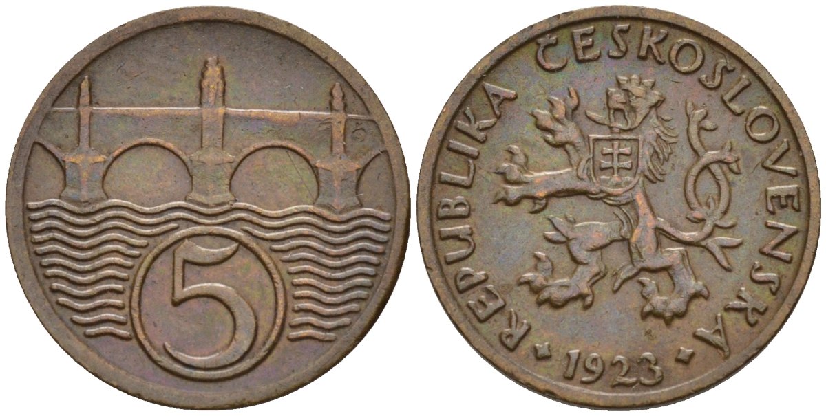 Чехословакия 5 геллеров 1923 KM 6 медь цинк 4152-639