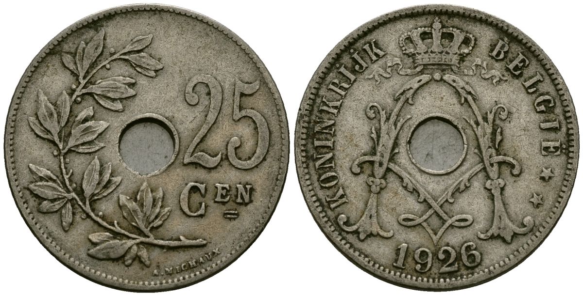 Бельгия 25 сантимов 1926 Belgie KM 69 медно-никель 4165-915