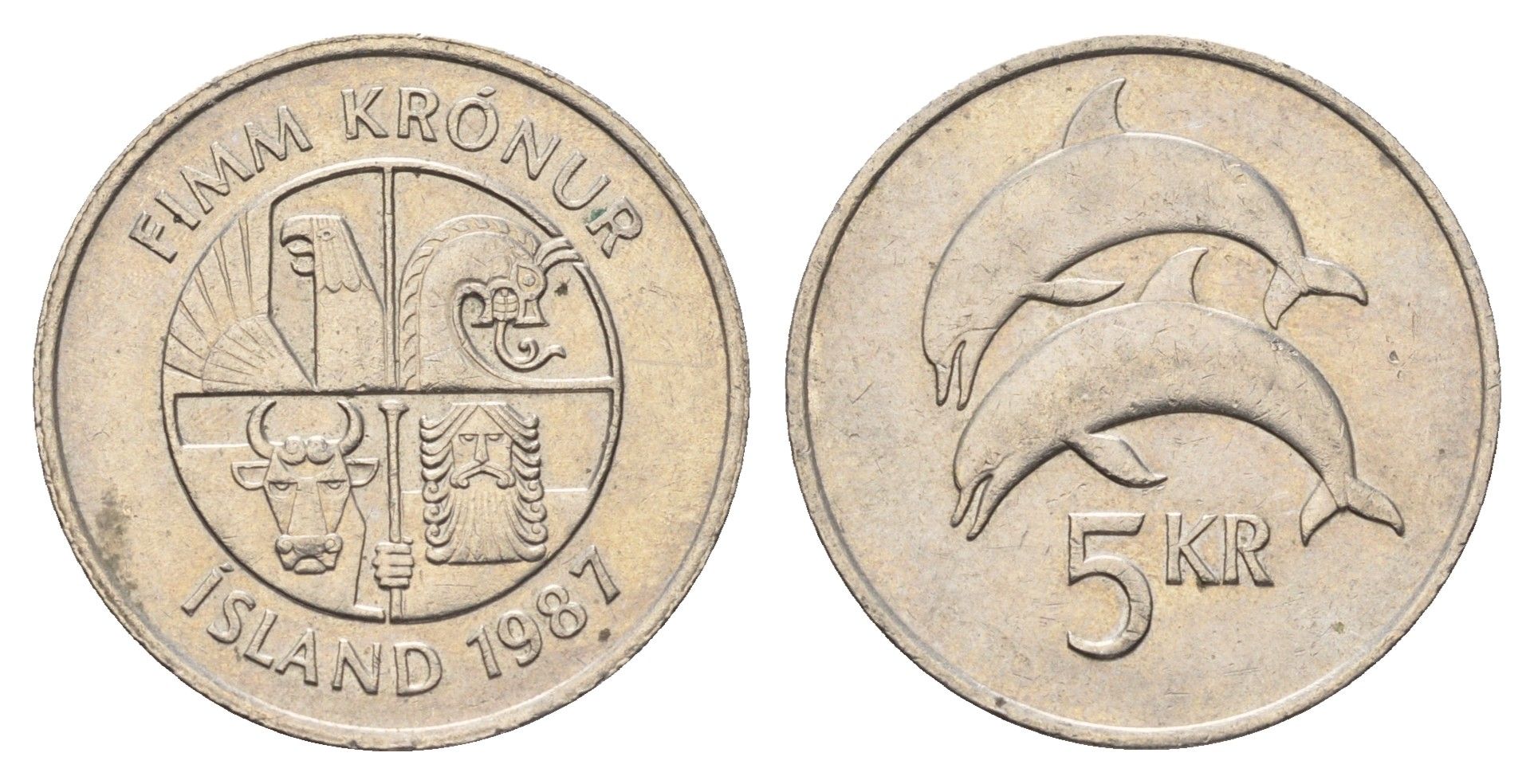 Исландия 5 крон 1987 дельфины KM 28 медно-никель 4589-841