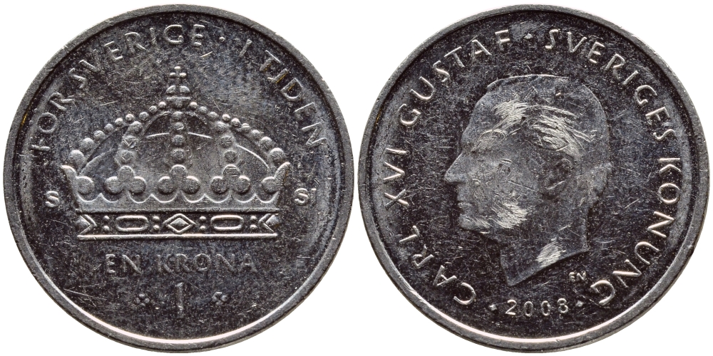 Швеция 1 крона 2008 Карл XVI Густав (1973- ) KM 894 медно-никель 87-214