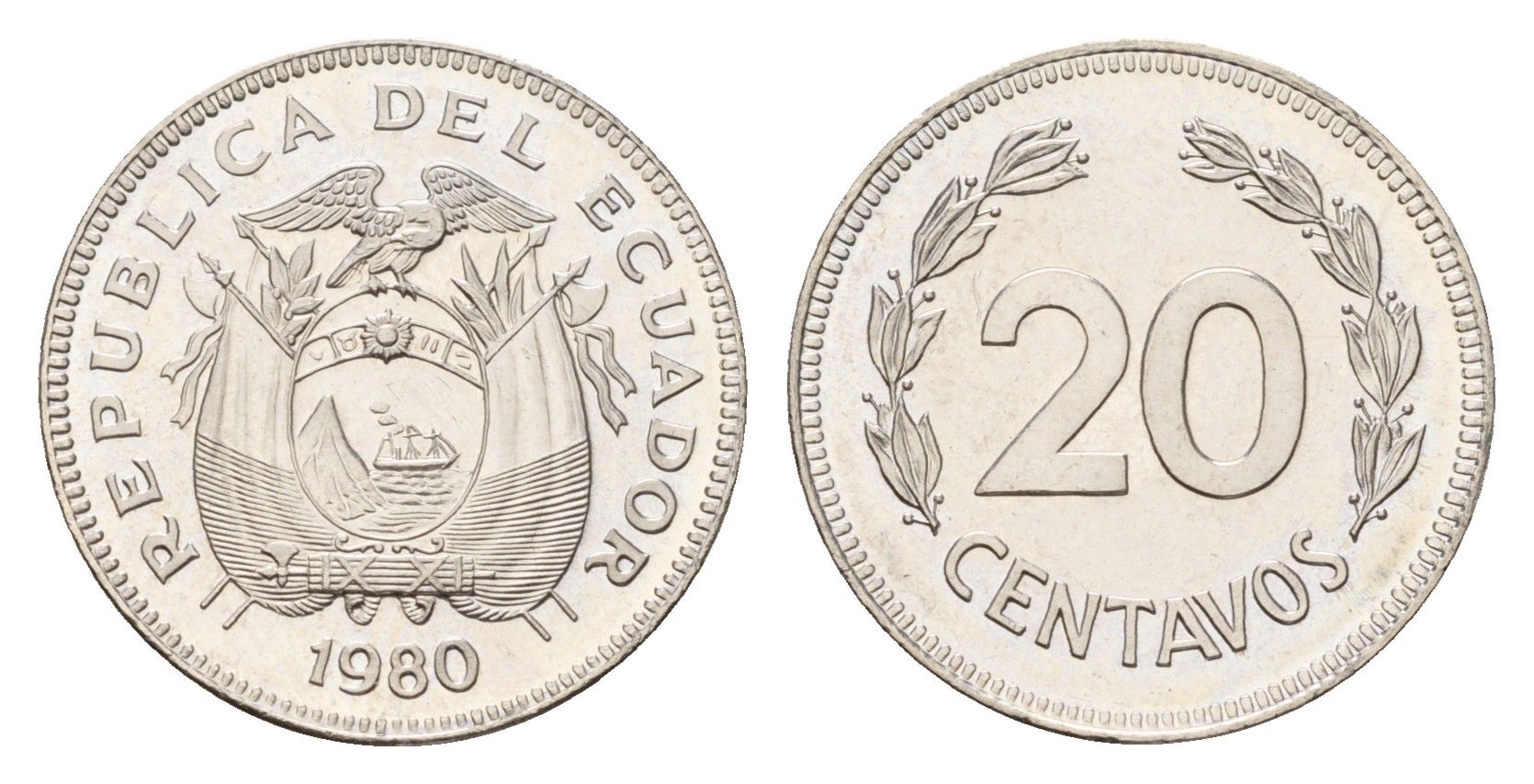 Эквадор 20 сентаво 1980 KM 77.2a сталь плакированная никелем UNC 4674-833