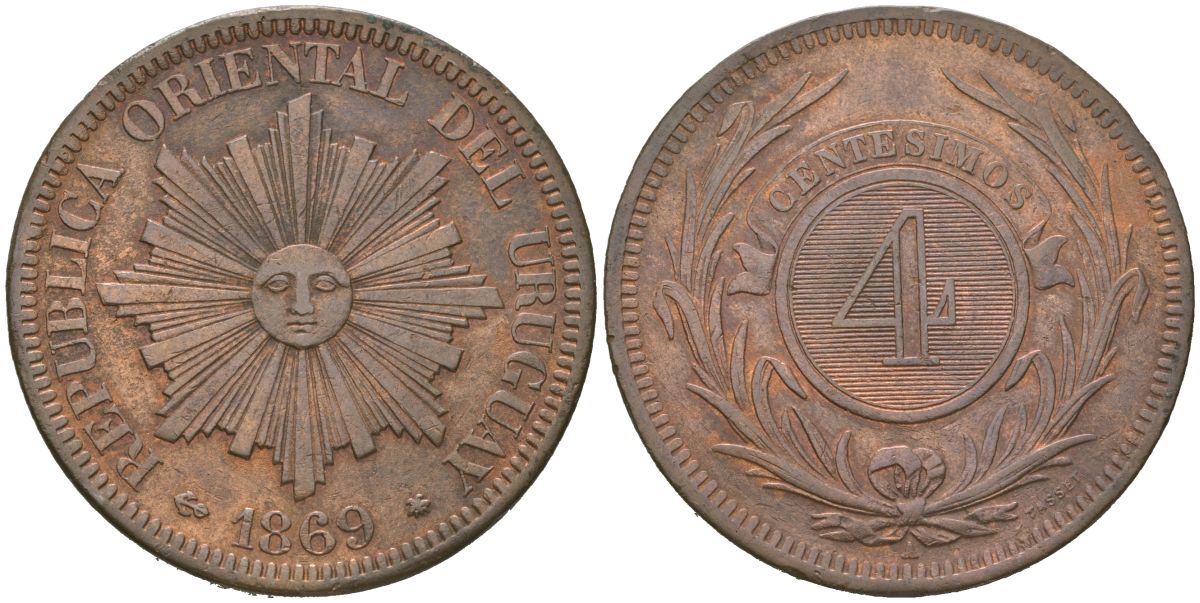 Уругвай 4 сентесимо 1869 KM 13 бронза 221-1045