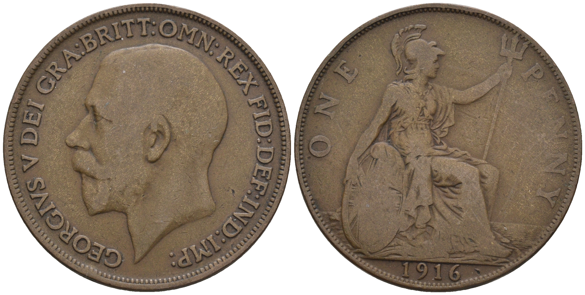 Великобритания 1 пенни 1916 Георг V (1910-1936) КМ 810, Spink 4051 бронза 4607-1214