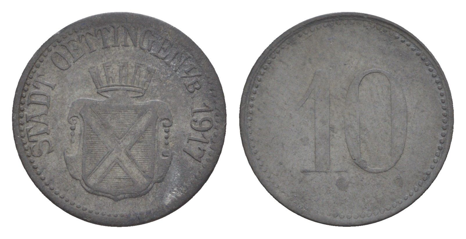 Эттинген 10 пфеннигов 1917 Funck 401.2A, Men18 24787.2 цинк 4636-727