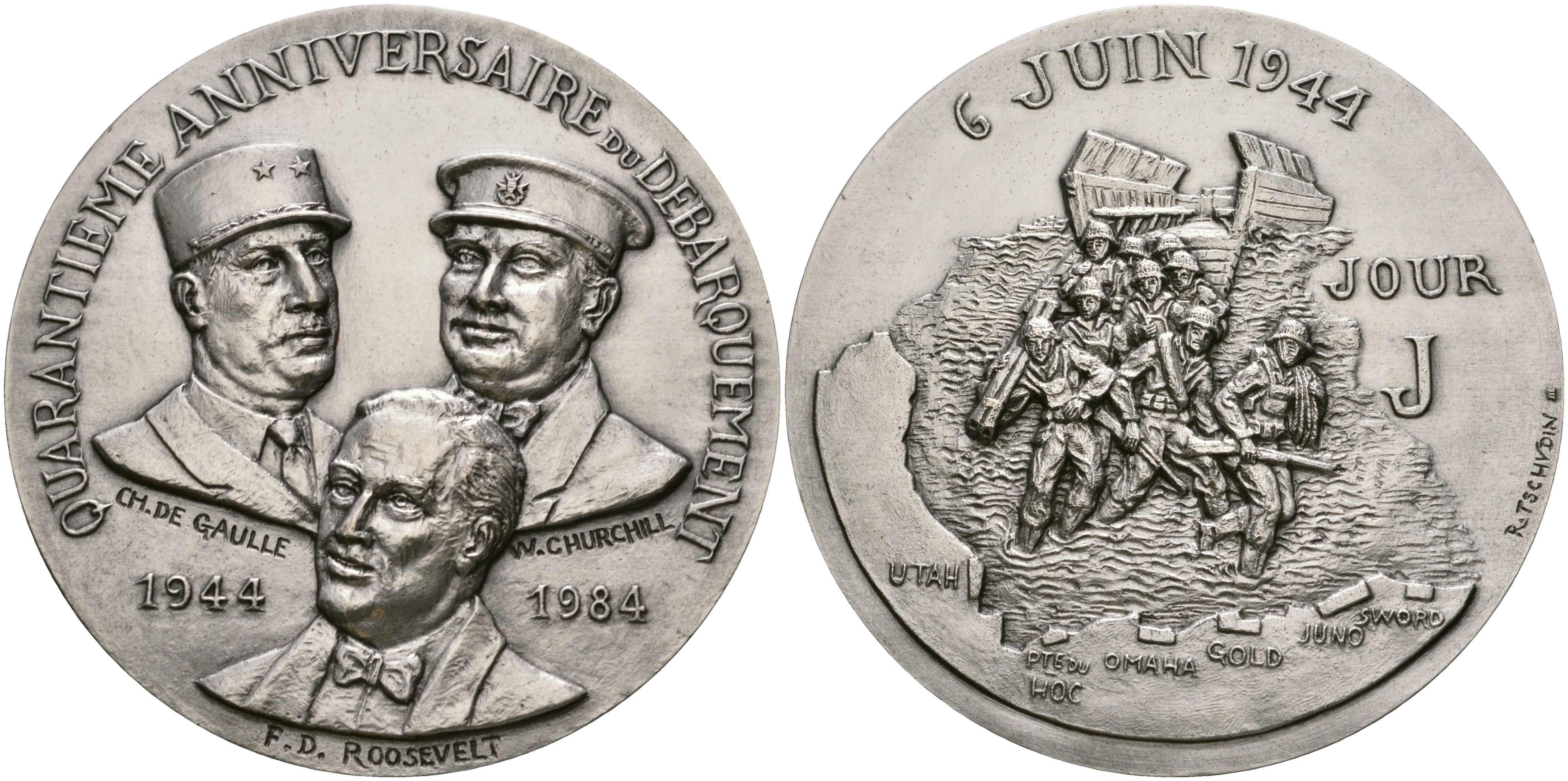 Франция медаль 1984 40 лет высадке союзных войск в Нормандии, D-DAY 6 июня 1944 года, портреты Шарля де-Голля, Черчилля и Рузвельта, диаметр 68 мм., вес 170 гр., с сертификатом  бронза, серебрение  UNC  11-243-13