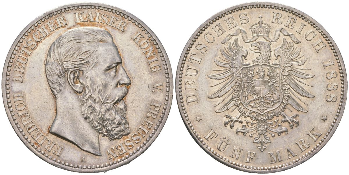 Пруссия 5 марок 1888 A, Фридрих III (1888) KM 512 серебро aUNC 4044-612