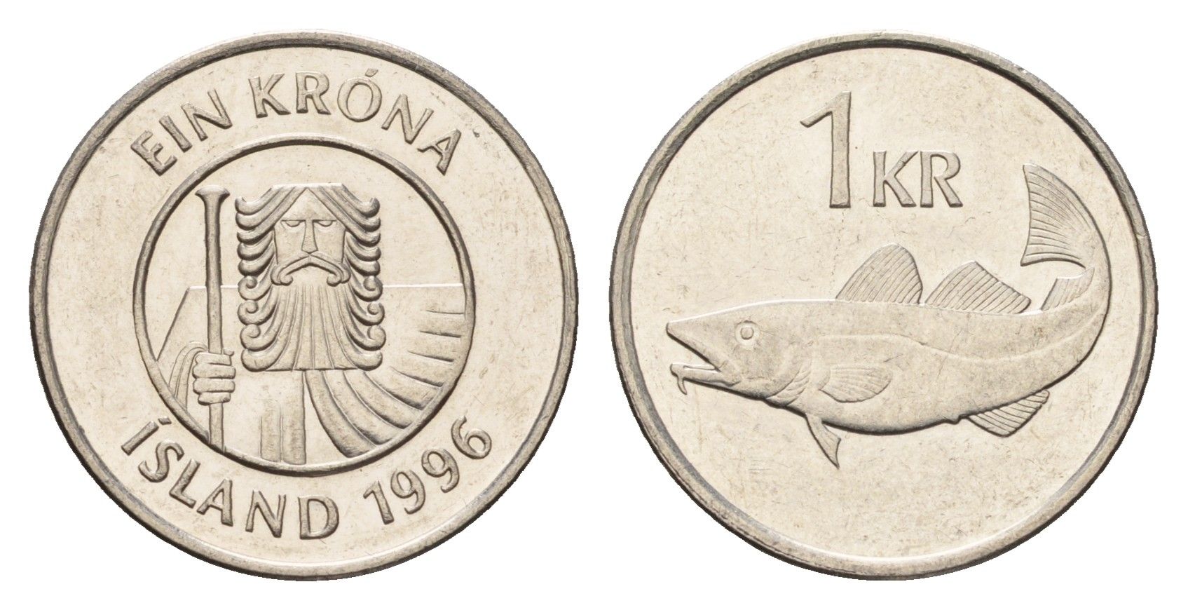 Исландия 1 крона 1996 треска KM 27a сталь плакированная никелем UNC 4691-556