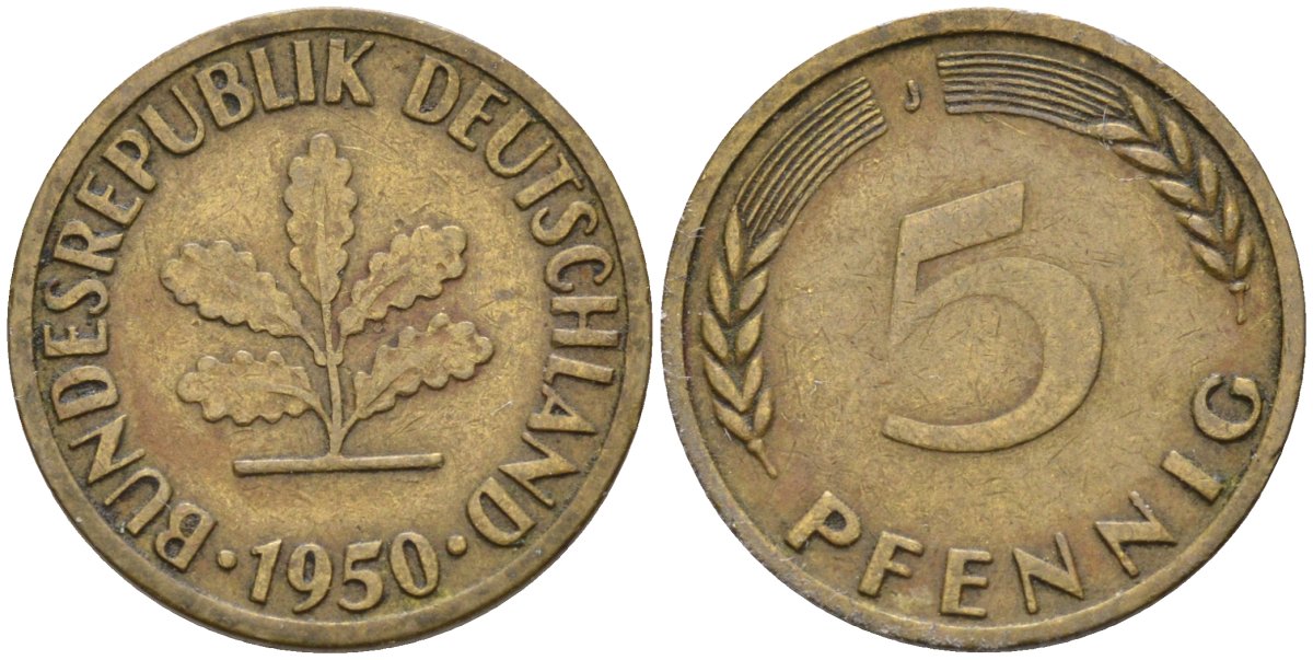 ФРГ 5 пфеннигов 1950 J KM 107, J. 382 сталь плакированная латунью 4585-811