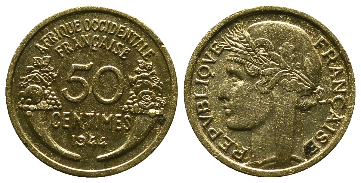 Французская Западная Африка 50 сантимов 1944 редкая KM 1, Lec 1 алюминиевая бронза aUNC 4381-944