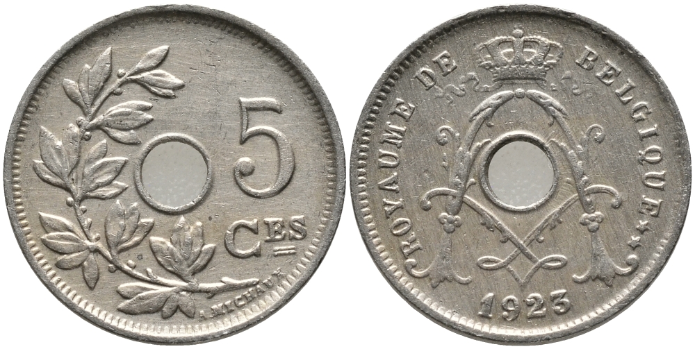 БЕЛЬГИЯ 5 САНТИМОВ 1923 BELGIQUE KM 66 медно-никель 76-541