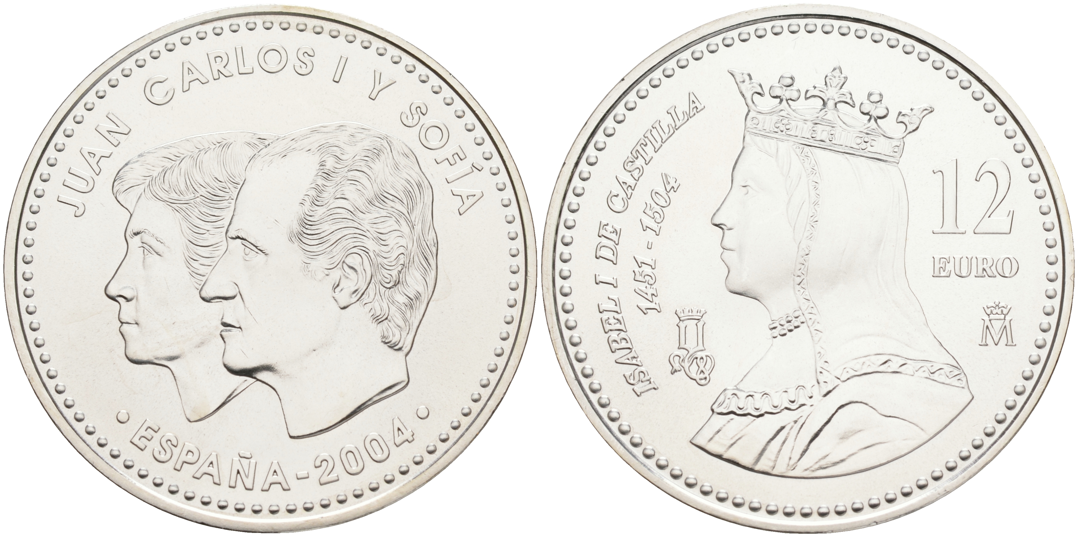 Испания 12 евро 2004 500 лет со дня смерти королевы Изабеллы I KM 1095 серебро UNC 02-251-14