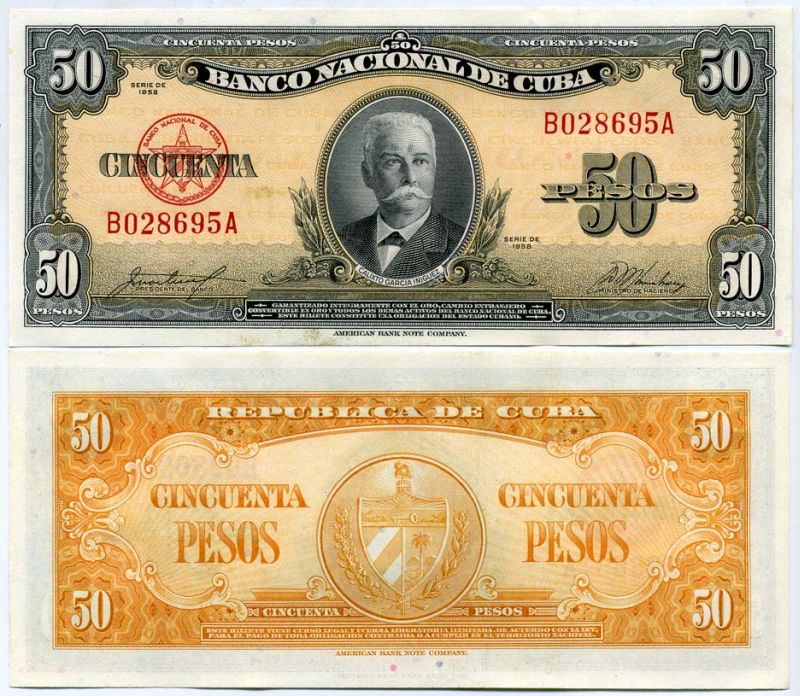 Куба 50 песо 1958 красная серия, Каликсто Гарсиа Pick 81 b бумага UNC (пресс) 451-87-2