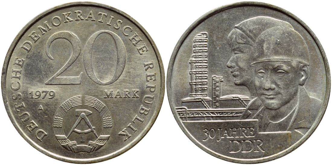 ГДР 20 марок 1979 A, 30 лет образования ГДР J. 1573, KM 75 медь никель цинк UNC 3897-1015