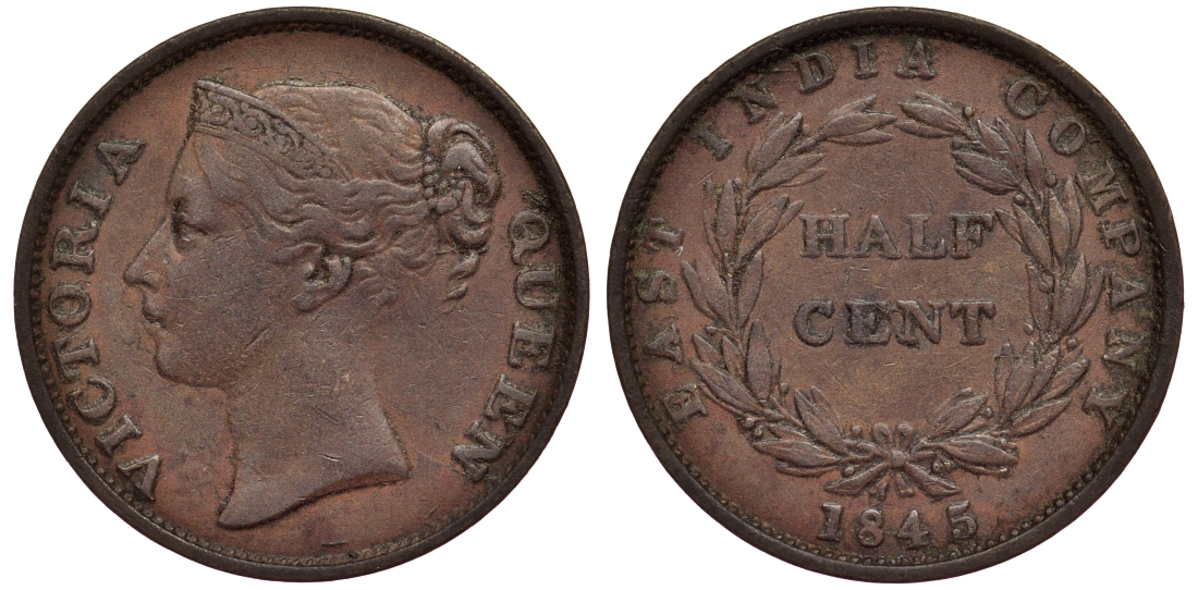 Стрейтс-Сетлментс 1/2 цента 1845 Ост-Индская компания KM 2 медь 1521-135