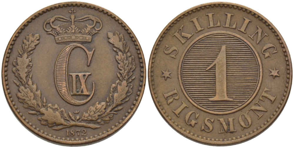 ДАНИЯ 1 СКИЛЛИНГ 1872 КРИСТИАН IX (1863-1906) KM 774 бронза 100-339