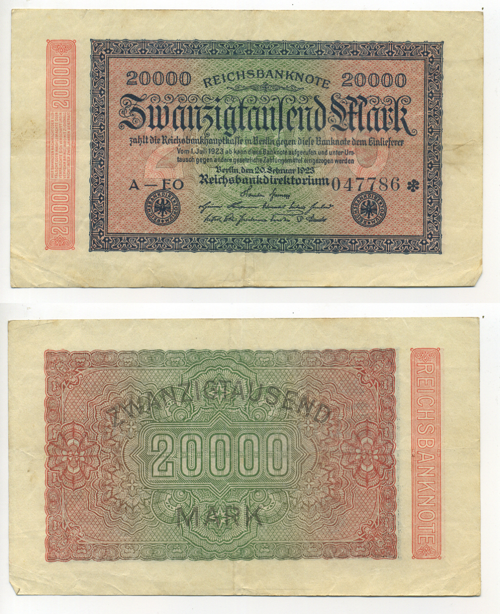 ГЕРМАНИЯ 20000 МАРОК 1923 20 ФЕВРАЛЯ 1923, ВОДЯНОЙ ЗНАК J Pick 85f бумага 6317-19-3