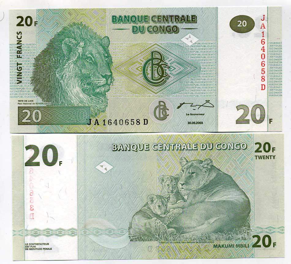ДР Конго 20 франков 2003 львы Pick 94 a бумага UNC (пресс) 448-69-2