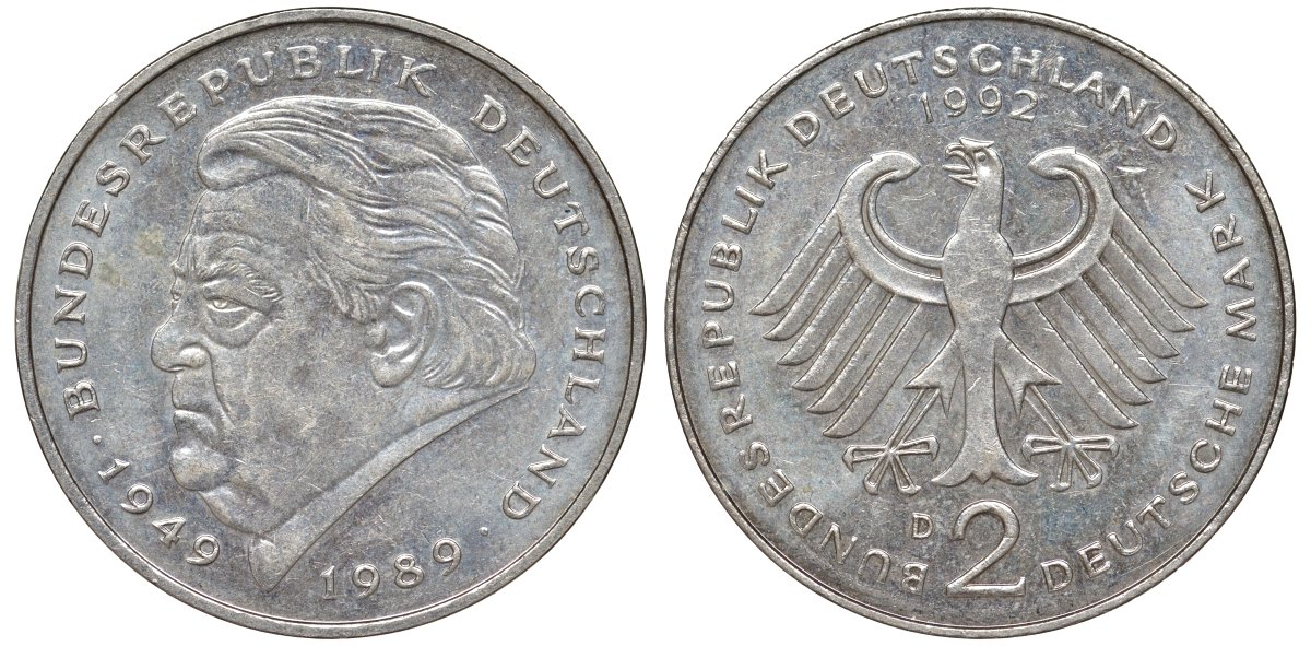 ФРГ 2 марки 1992 D, Франц Йозеф Штраус, 40 лет Федеративной Республике (1949-1989) KM 175, J. медно-никель 4137-1024