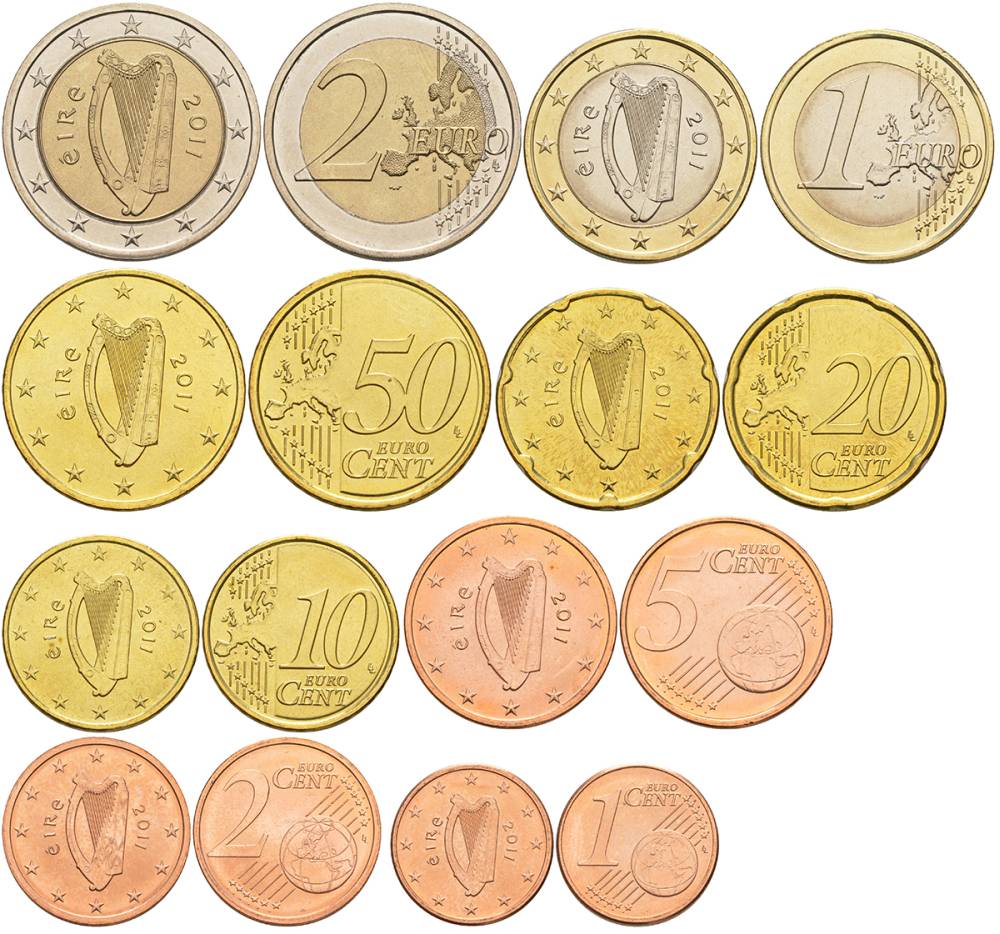 ИРЛАНДИЯ ЕВРОНАБОР ИЗ 8 МОНЕТ 2011 1, 2, 5, 10, 20, 50 ЕВРОЦЕНТОВ, 1 И 2 ЕВРО UNC 68-1111