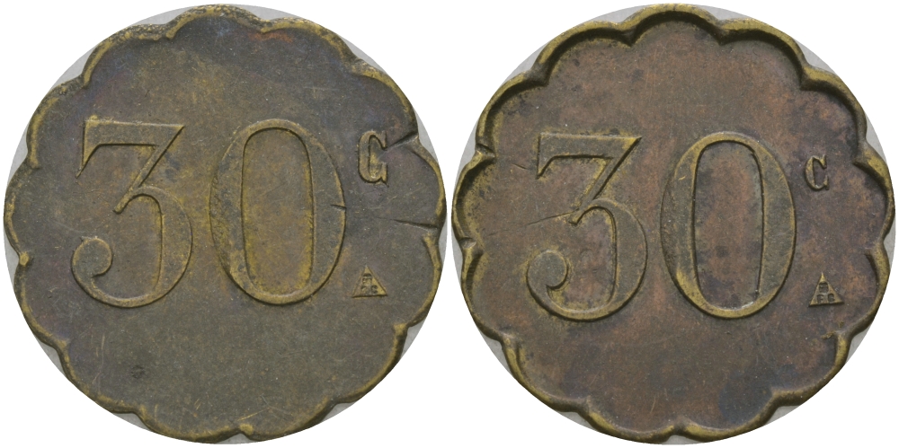 ФРАНЦИЯ 30 САНТИМОВ ND ПЛАТЕЖНЫЙ ЖЕТОН НАЧАЛА XX ВЕКА,ФИГУРНЫЙ КРАЙ, ДИАМЕТР 24 ММ. латунь 65-356