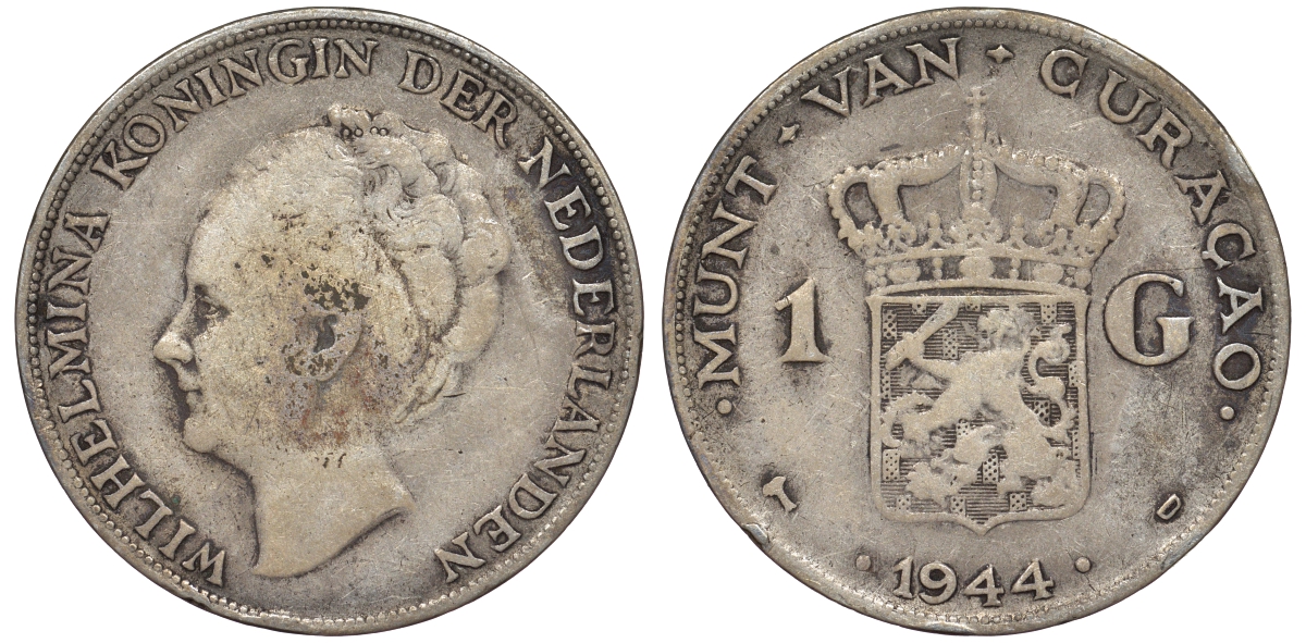 Нидерландское Кюрасао 1 гульден 1944 D, Вильгельмина (1890-1948) KM 45 серебро 36-722