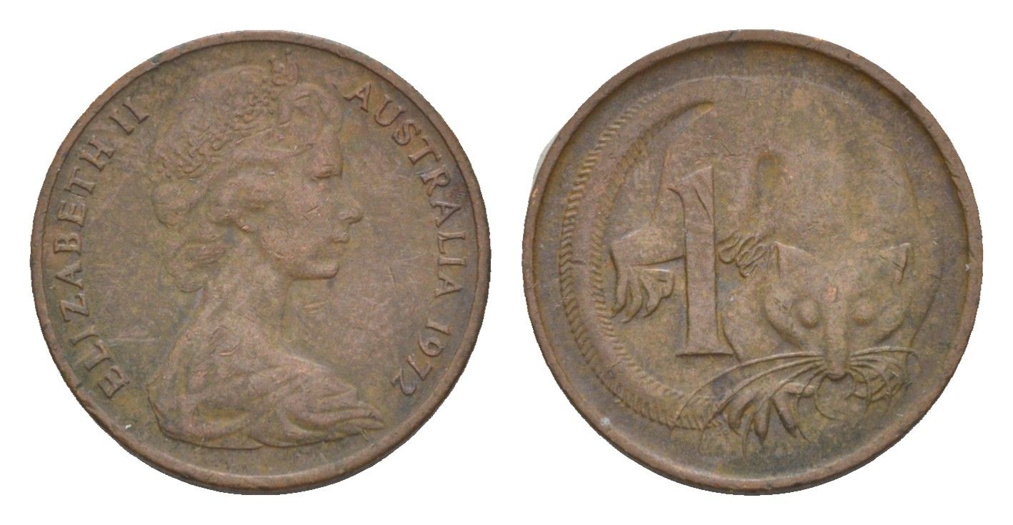 Австралия 1 цент 1972 Елизавета II (1952-2022), молодой портрет, опоссум KM 62 бронза 4655-1211