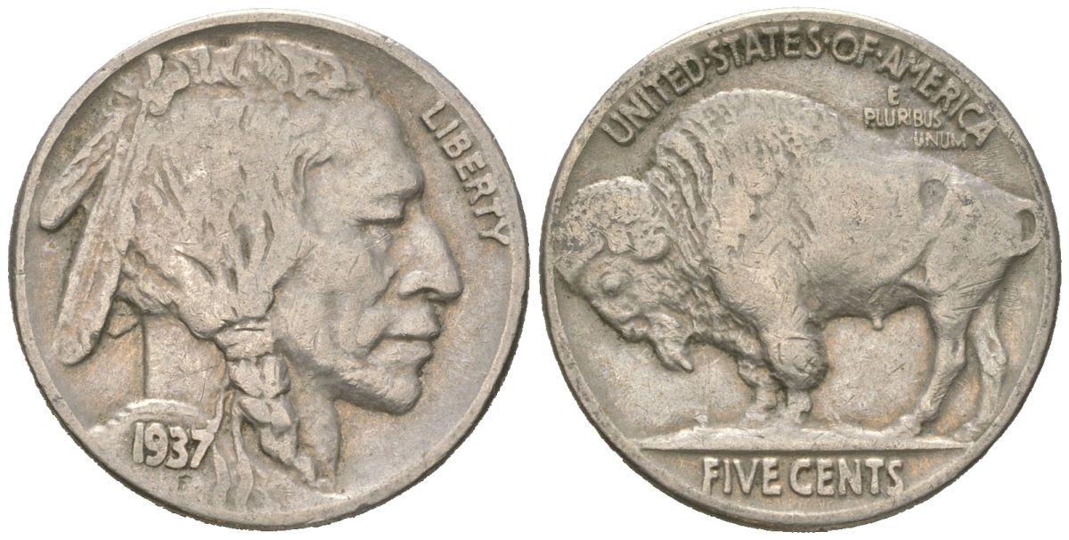 США 5 центов 1937 индеец, бизон KM 134 медно-никель 4602-235