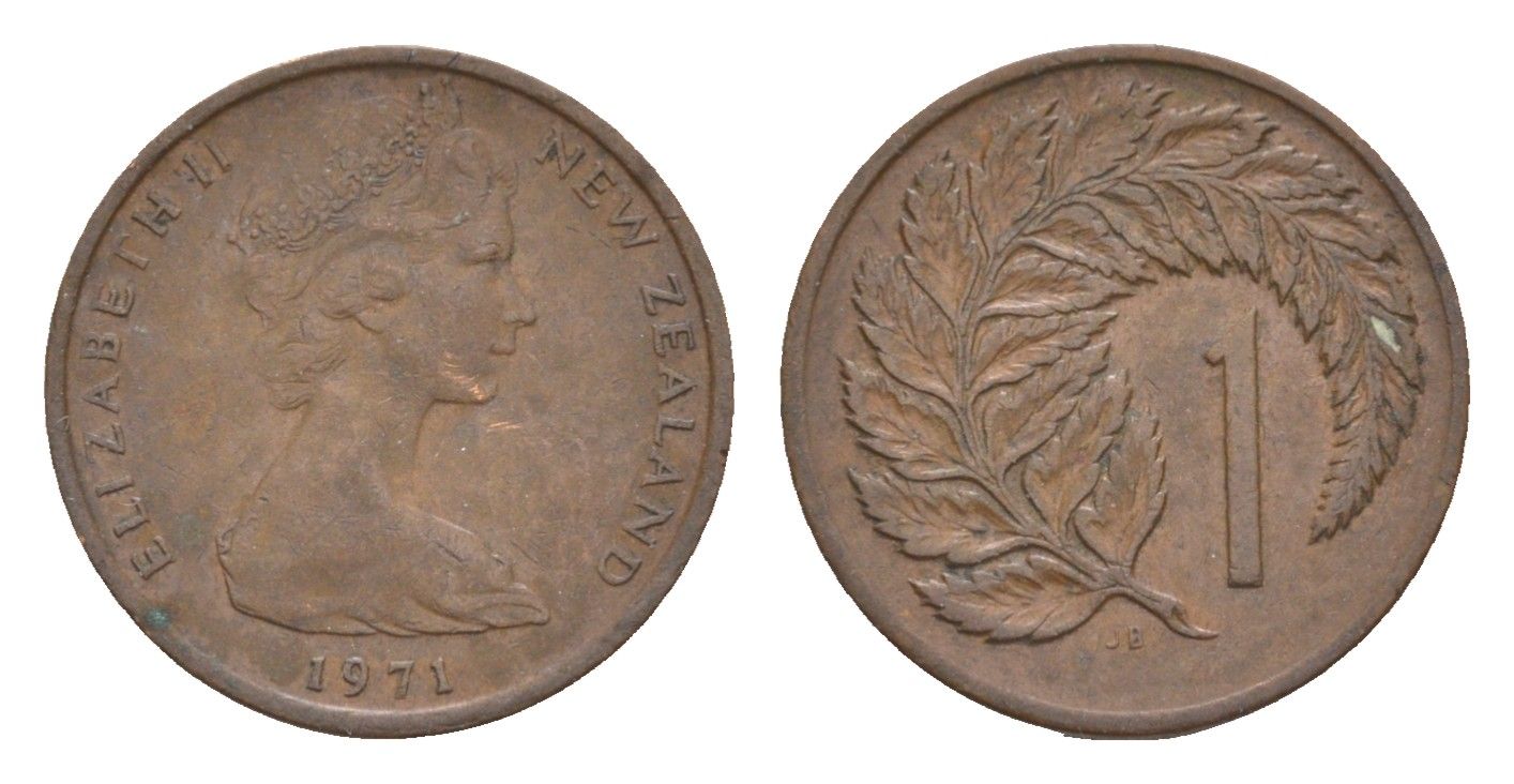 Новая Зеландия 1 цент 1971 Елизавета II (1952-2022), лист папоротника KM 31.1 бронза 4655-1132